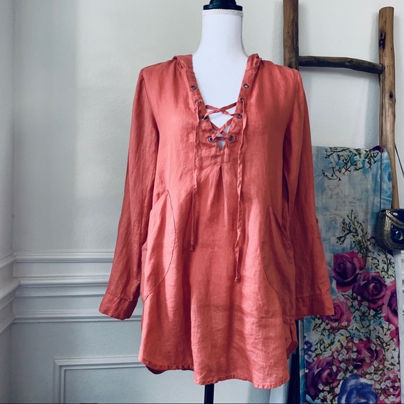 FOR CYNTHY BURNT ORANGE LINEN HOODED TUNIC TOP COVER UP - Picture 4 of 14